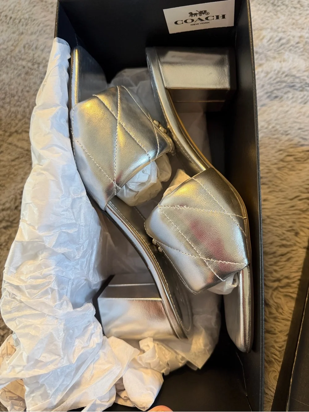 Coach Silver Quilted Block Heel Mule Sandals- BRAND NEW! Never worn!